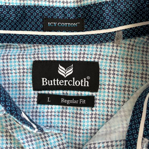 BUTTERCLOTH Icy Cotton Men's L Regular Fit Button Up Shirt Blue White Gray - Picture 10 of 12